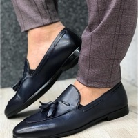 New Handmade Antique Navy Blue Leather Shoes - Thumbnail 1