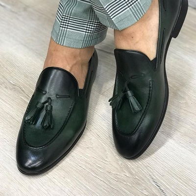 New handmade antique green leather shoes for men - Thumbnail 2