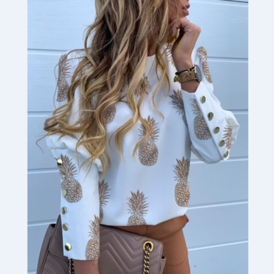Pineapple printed long-sleeved round neck metal buckle top
