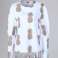 Pineapple Printed Long-Sleeved Round Neck Metal Buckle Top - Thumbnail 2