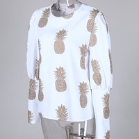 Pineapple Printed Long-Sleeved Round Neck Metal Buckle Top - Thumbnail 5