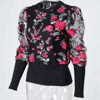 Elegant Flower Embroidery Splicing Long-Sleeved Shirt - Thumbnail 6