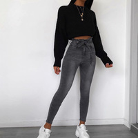 Casual Solid Color Fashion Paperbag High Waist Jeans - Thumbnail 1