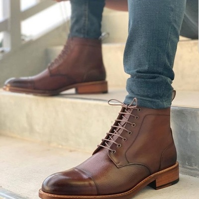 Handmade cap toe formal boots, mens brown leather boots, dress lace up boot - Thumbnail 5