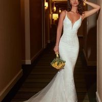 Elegant Mermaid V Neck Wedding Dresses with Appliques, Spaghetti Straps Wedding Gowns - Thumbnail 1