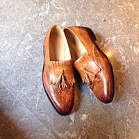 Handmade Men Dress Moccasin Shoes, Men Tan Leather Shoes, Brogue Slip on - Thumbnail 1