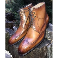 Handmade Mens Wing Tip Lace up Ankle Boots, Mens Fashion Tan Ankle Boots - Thumbnail 1