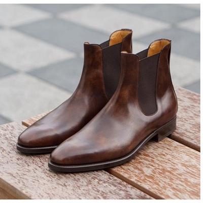 Handmade antique brown chelsea boots, men real leather dress boot - Thumbnail 2
