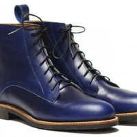 Handmade Ankle  Formal Boots, Men's Blue Leather Boots, Dress Lace up Boot - Thumbnail 3