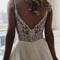 Elegant Simple V Neck Spaghetti Straps White Wedding Dresses with Lace - Thumbnail 1