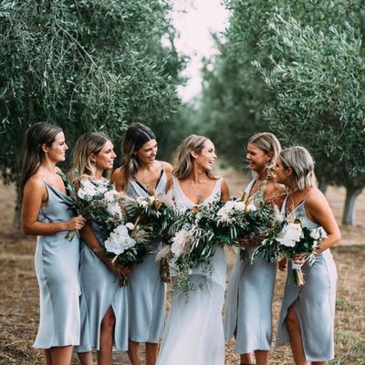 Spaghetti straps draped collar neckline satin short bridesmaid dress with slit - Thumbnail 4