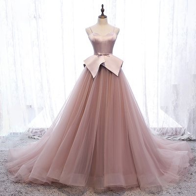 Pink tulle long prom gown formal dress - Thumbnail 5
