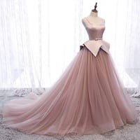 Pink tulle long prom gown formal dress - Thumbnail 1