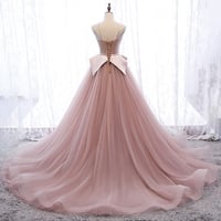 Pink tulle long prom gown formal dress - Thumbnail 2
