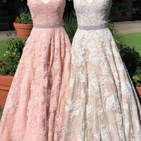 a line v neck off shoulder lace long prom dress, lace evening dress  - Thumbnail 1