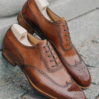 Brown Oxfords Wingtip Formal Office Wear Handmade Lace Up Formal Shoes - Thumbnail 1