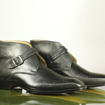 Handmade men's half ankle monk boot, men's black leather casual boot. - Thumbnail 3