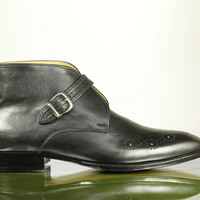 handmade Men's Half Ankle Monk Boot, Men's Black Leather Casual Boot. - Thumbnail 1