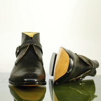 handmade Men's Half Ankle Monk Boot, Men's Black Leather Casual Boot. - Thumbnail 2
