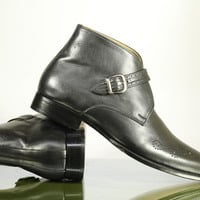 handmade Men's Half Ankle Monk Boot, Men's Black Leather Casual Boot. - Thumbnail 3