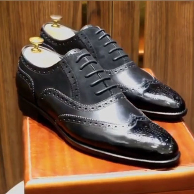 Hand crafted black wing tip leather suede shoes for men's - Thumbnail 2