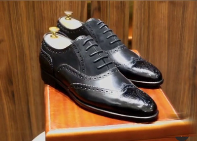 Hand Crafted Black Wing Tip Leather Suede Shoes for Men's