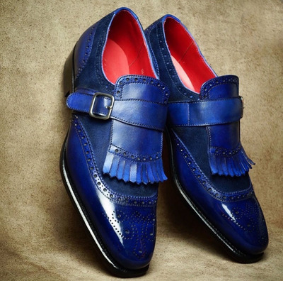 Bespoke Blue Fringe Monk Leather Shoes,Dress Shoes