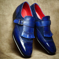 Bespoke Blue Fringe Monk Leather Shoes,Dress Shoes - Thumbnail 4