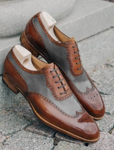 Decent Handmade New Oxfords Grey Brown Wingtip Party Wear Leather Lace Up Shoes