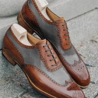 Decent Handmade New Oxfords Grey Brown Wingtip Party Wear Leather Lace Up Shoes - Thumbnail 1