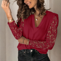 Slim Women'S Long Sleeve Splicing Lace Shirt - Thumbnail 1