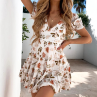 V-Neck Print Short Sleeve Dress - Thumbnail 3