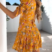 V-Neck Print Short Sleeve Dress - Thumbnail 6