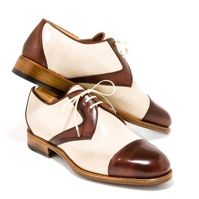 New handmade men's white & brown cap toe lace up leather dress formal shoes - Thumbnail 1