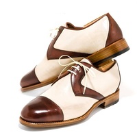 New Handmade Men's White & Brown Cap Toe Lace Up Leather Dress Formal Shoes - Thumbnail 4