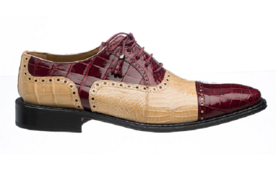 Men’s New Handmade Alligator Cap Toe Burgundy / Tan Shoes
