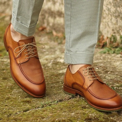 Handmade light-burnished grain calf on a pair of unique sport casual derbies, small perforations on vamp for men - Thumbnail 3