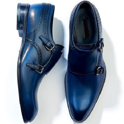 New men's blue monk double buckle strap plain burnished toe genuine leather shoes - Thumbnail 1