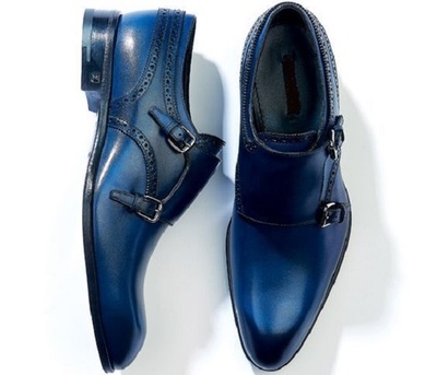 New Men's Blue Monk Double Buckle Strap Plain Burnished Toe Genuine Leather Shoes