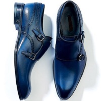New Men's Blue Monk Double Buckle Strap Plain Burnished Toe Genuine Leather Shoes - Thumbnail 1