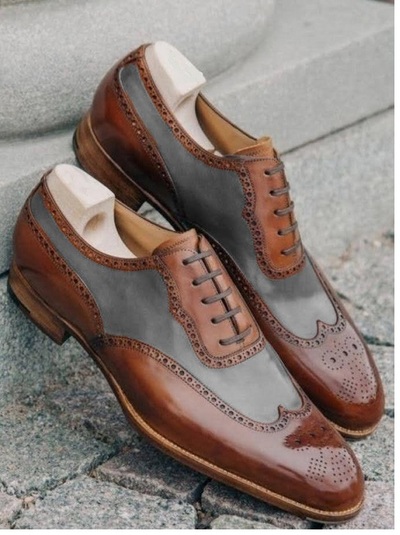 New Style Decent Wear Mens Brown Gray Leather Oxfords Wingtip Brogue Shoes