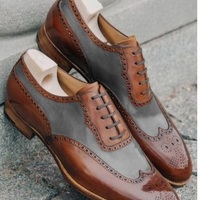 New Style Decent Wear Mens Brown Gray Leather Oxfords Wingtip Brogue Shoes - Thumbnail 4