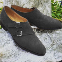 Latest Handmade Grey Double Monk Suede Men's Formal Shoes - Thumbnail 1