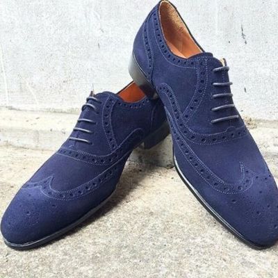 Handmade men's blue heart medallion wing tip dress/formal suede oxford shoes - Thumbnail 3