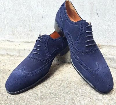 Handmade Men's Blue Heart medallion Wing Tip Dress/Formal Suede Oxford Shoes