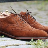 Handmade Men's Brown Suede Wing Tip Heart Medallion Lace Up Dress Oxford Shoes - Thumbnail 4