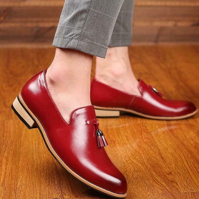 Handmade men's red leather slip ons loafer tassel shoes - Thumbnail 2