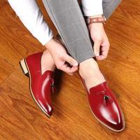 Handmade Men's Red Leather Slip Ons Loafer Tassel Shoes - Thumbnail 1