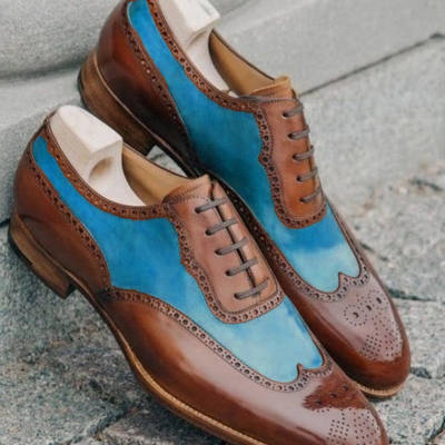 Decent handmade new oxfords blue brown wingtip party wear leather shoes