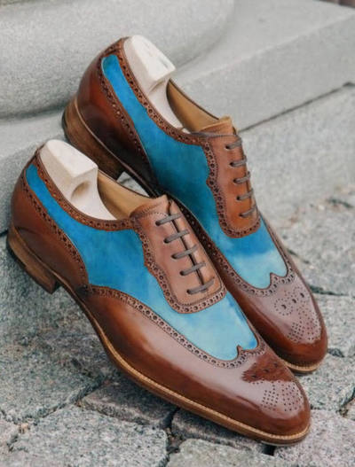 Decent Handmade New Oxfords Blue Brown Wingtip Party Wear Leather Shoes